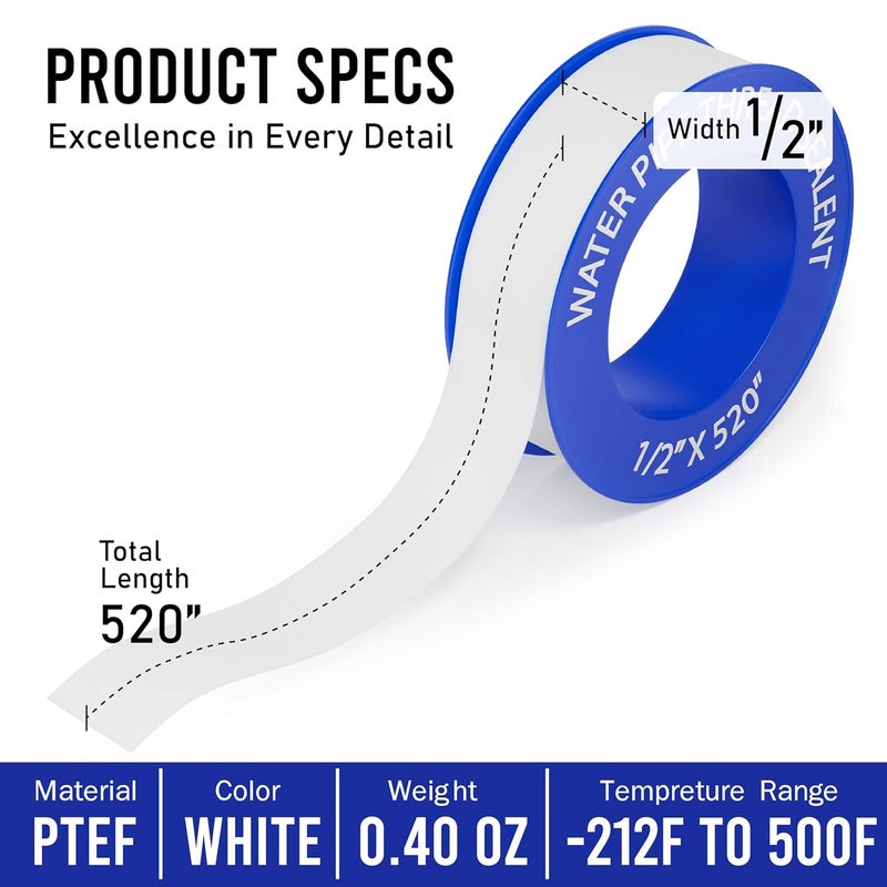 D-NYX 4 Rolls 1/2 Inch(W) X 520 Inches(L) Teflon Plumbers Tape, Duct Sealant Tape for Shower Head, Plumbing Thread Tap, Water Pipe Sealing Plumbers PTFE Thread Seal (5 Pack) - Image 3